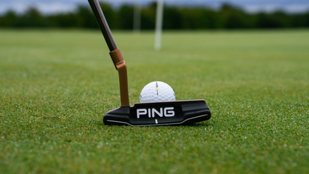 A golf ball and putter on the grass