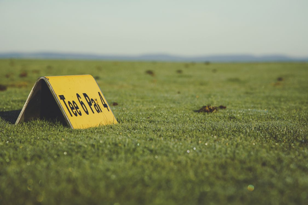 A photo showing a yellow sign on a golf course