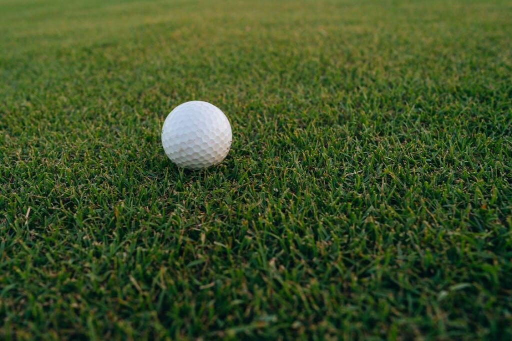 Golf ball resting on a fairway representing an insured cash prize opportunity at a golf tournament.