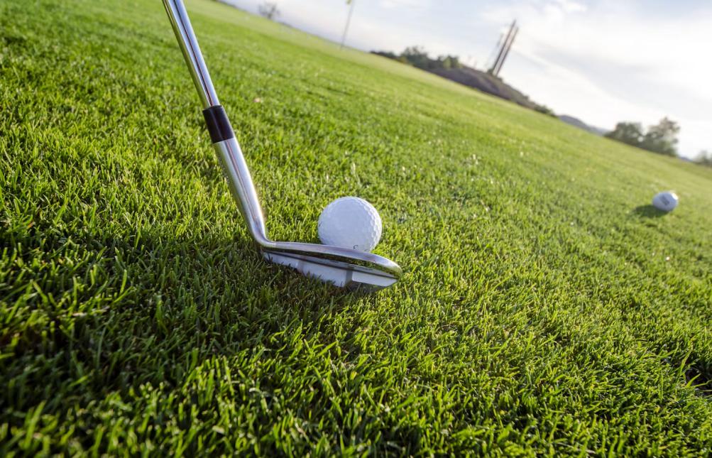 Golf club positioned beside a ball on the course representing golf tournament prize insurance coverage.